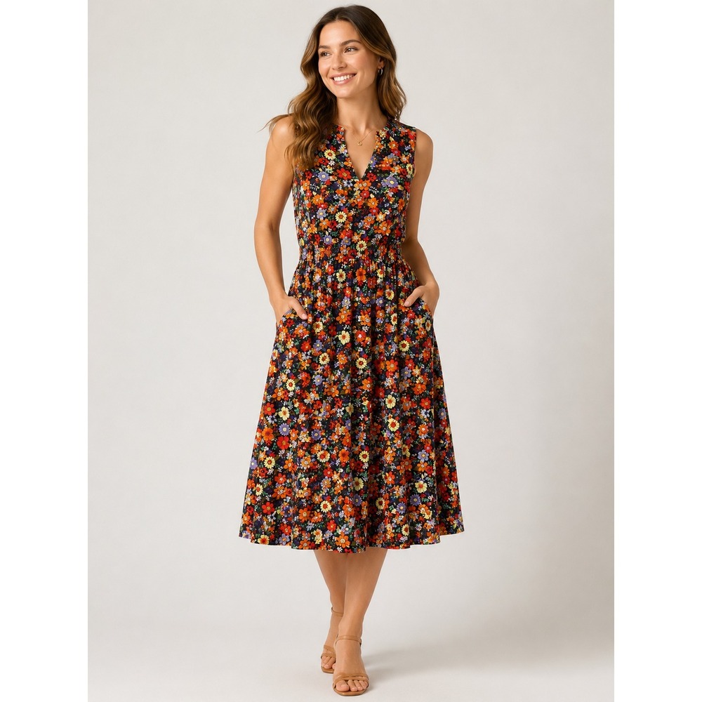 Anne Klein Women 8 Floral Midi Dress Black Sleeveless V Neck Pockets